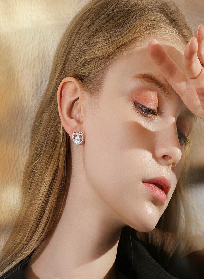 MOOSEA Moissanite Stud Earrings for Women, 18K White Gold Plated 925 Sterling Silver Brilliant Round Moissanite Earrings Heart Earrings for Women Bridesmaid Gifts Birthday Gifts for Women Wife Mom - Image 2